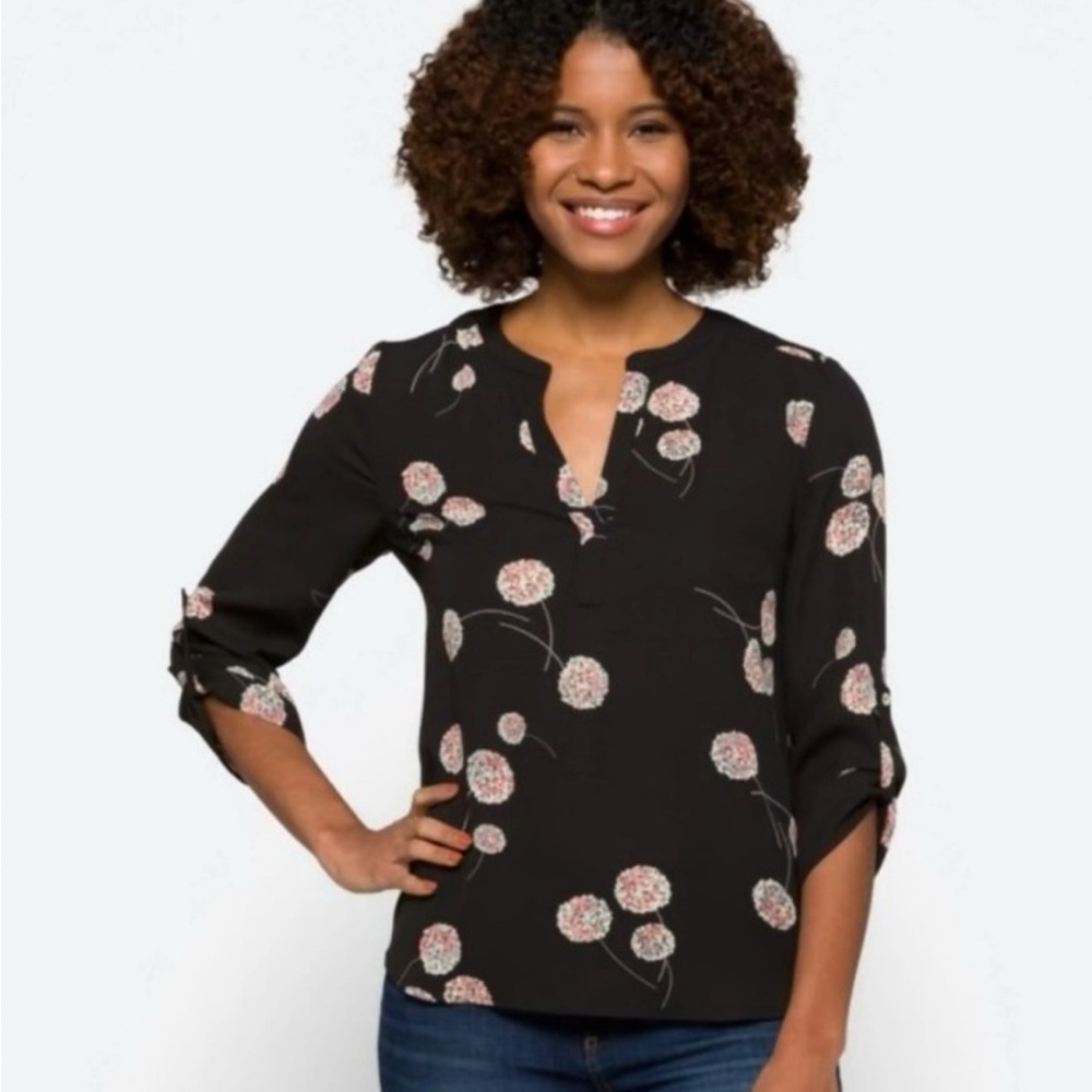 Daniel Rainn | Koda Split Neck | Black Floral 3/4 Sleeve Blouse | Sz M | EUC!